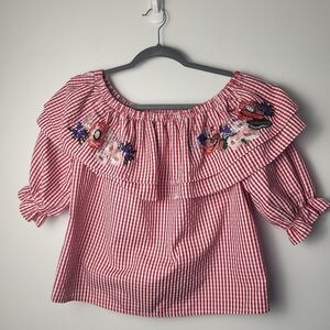 Lost + Wander Red Gingham Embroidered Off-Shoulder Blouse